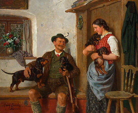 Couple With Dachshunds by Adolf Eberle